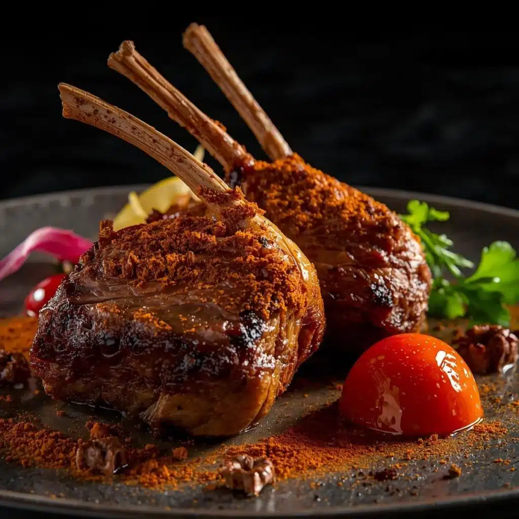Spice-crusted rack of lamb garnished with herbs and spices