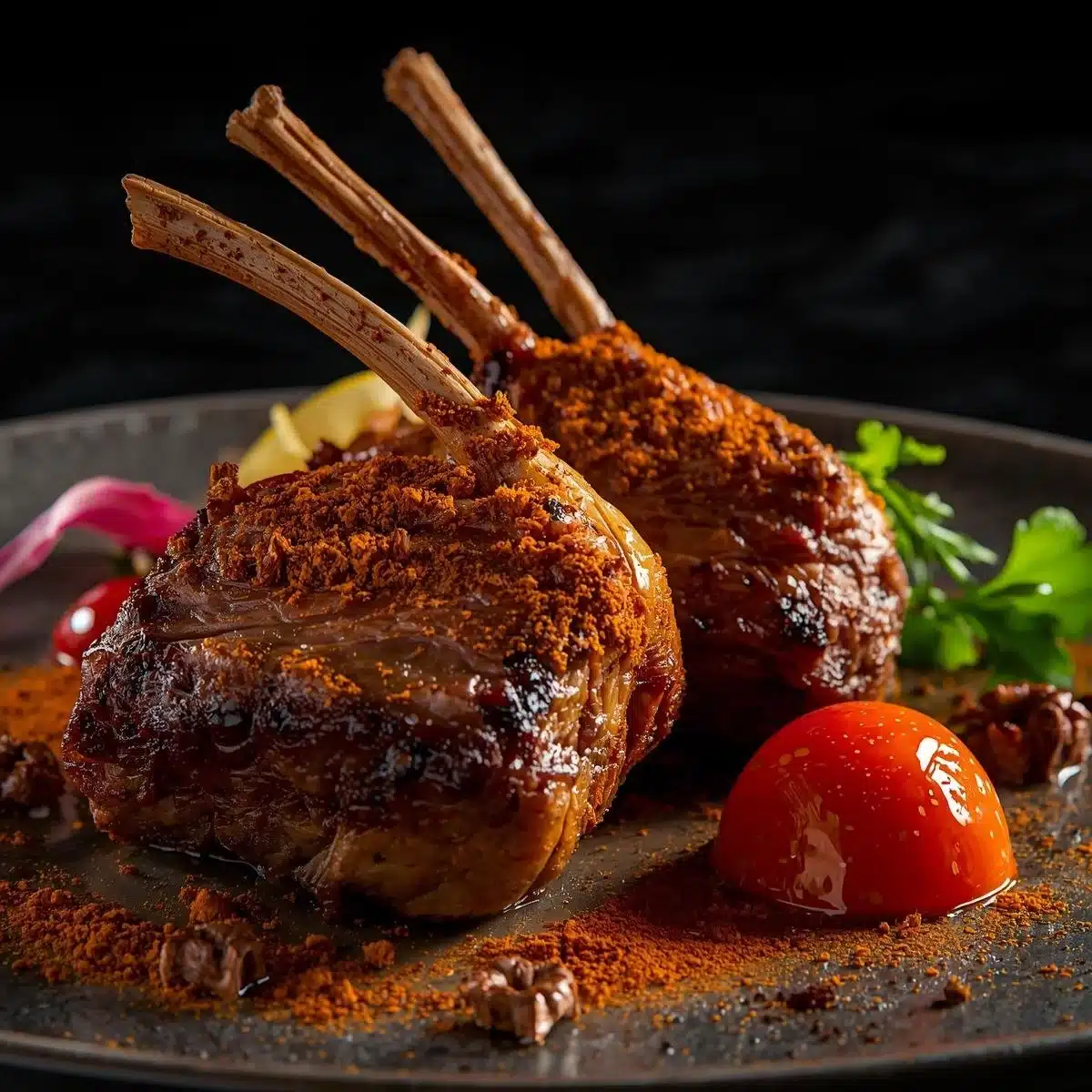 Spice-crusted rack of lamb garnished with herbs and spices