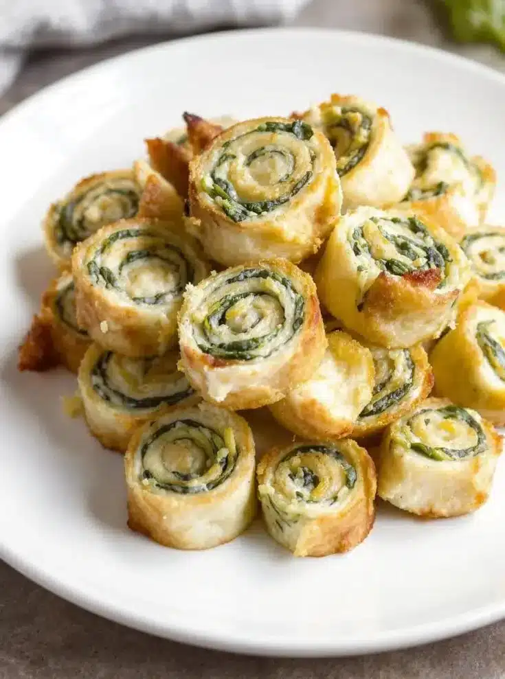 Spinach dip in bite-sized pinwheels served on a platter.