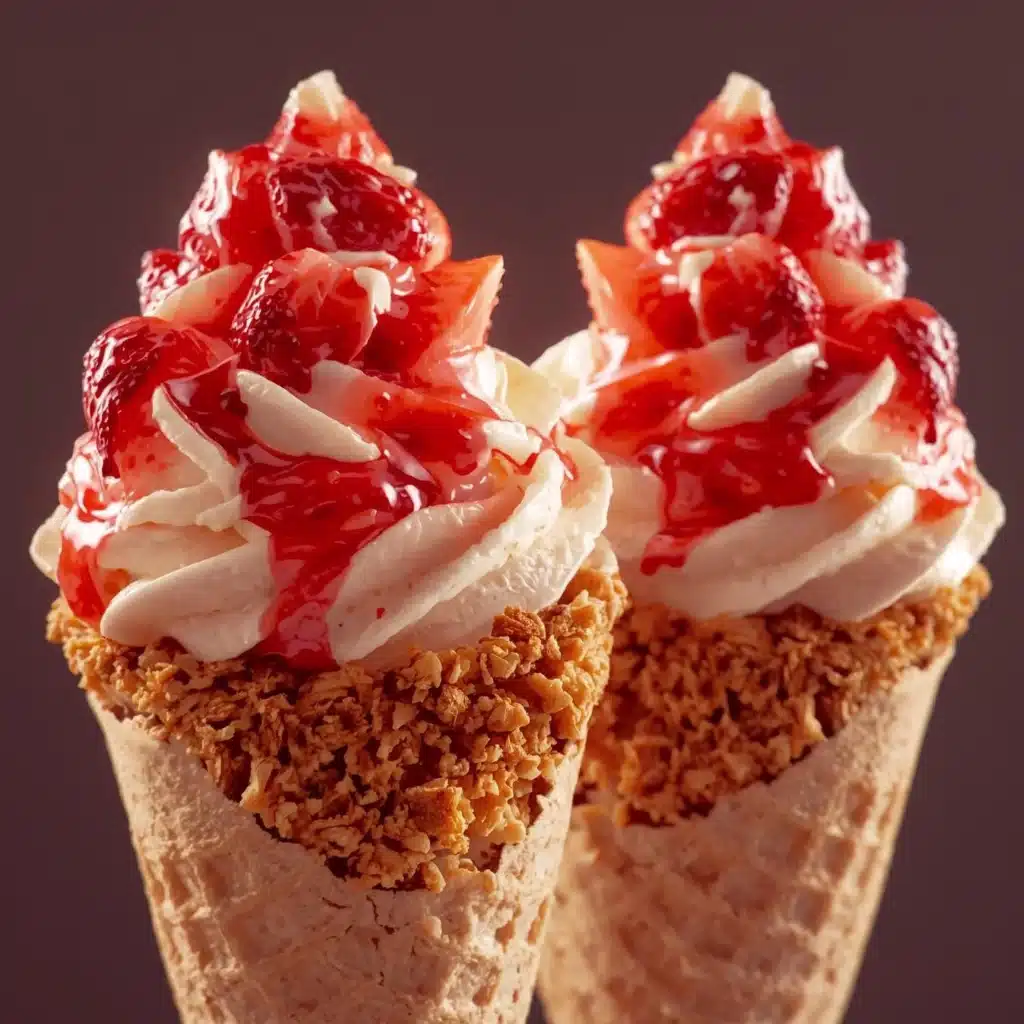 Strawberry crunch cheesecake cones topped with strawberry crumbles