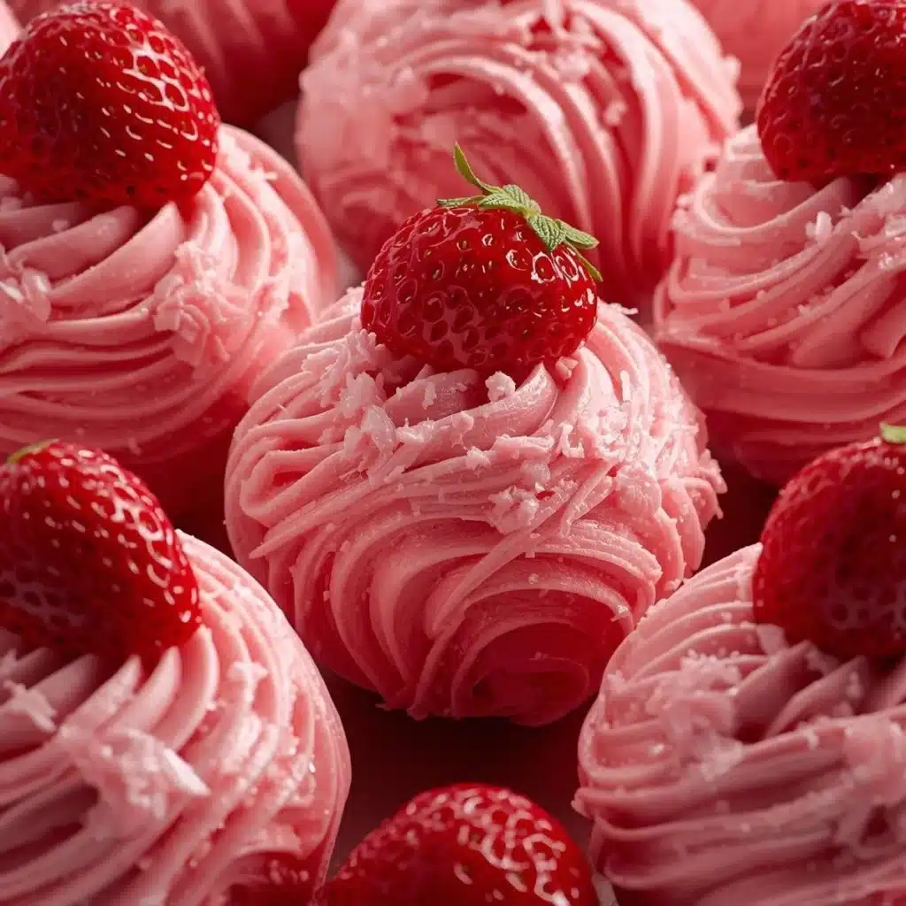 Strawberry shortcake truffles displayed on a white plate with fresh strawberries