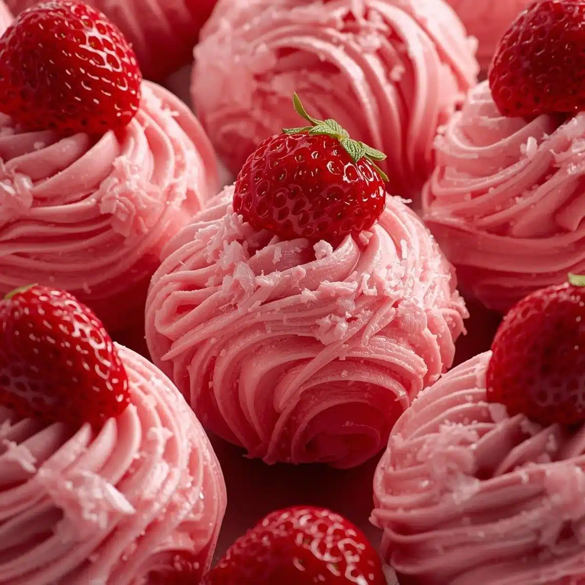 Strawberry shortcake truffles displayed on a white plate with fresh strawberries