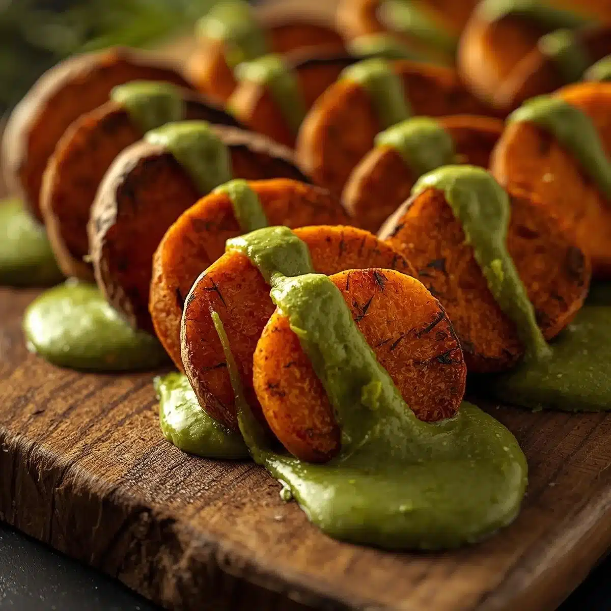 Sweet potato rounds with avocado cream sauce served on a plate