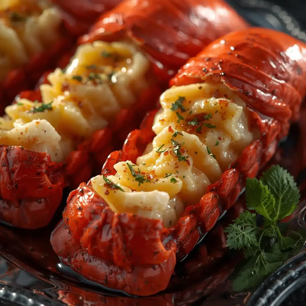 Delicious baked lobster tails presented on a plate with lemon garnish.
