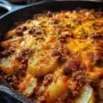 Cheesy ground beef and potato casserole in a baking dish, ready to serve.