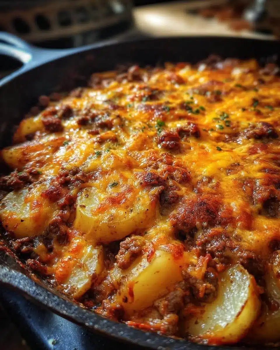 Cheesy ground beef and potato casserole in a baking dish, ready to serve.