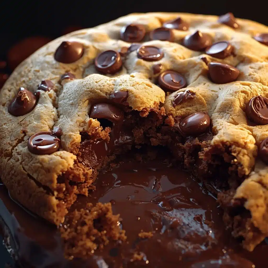 A giant chocolate chip cookie fresh out of the oven, ready to be enjoyed.