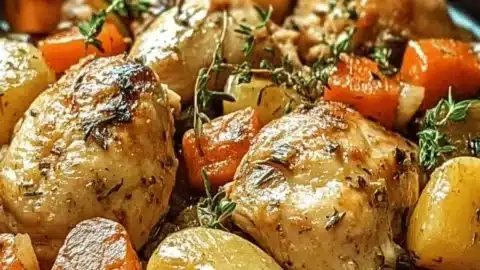 Traditional Irish one-pot chicken dinner with vegetables and herbs