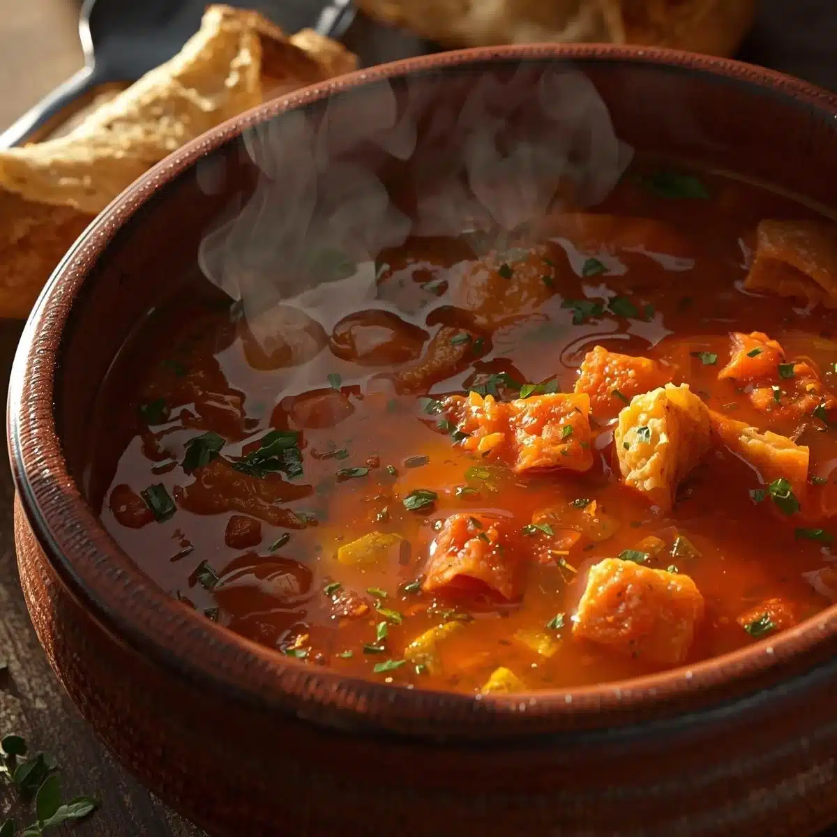 Bowl of delicious Tuscany Soup with fresh vegetables and herbs
