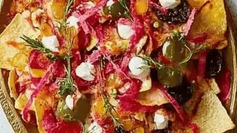 Ultimate Christmas Nachos topped with sausages, bacon, and festive ingredients