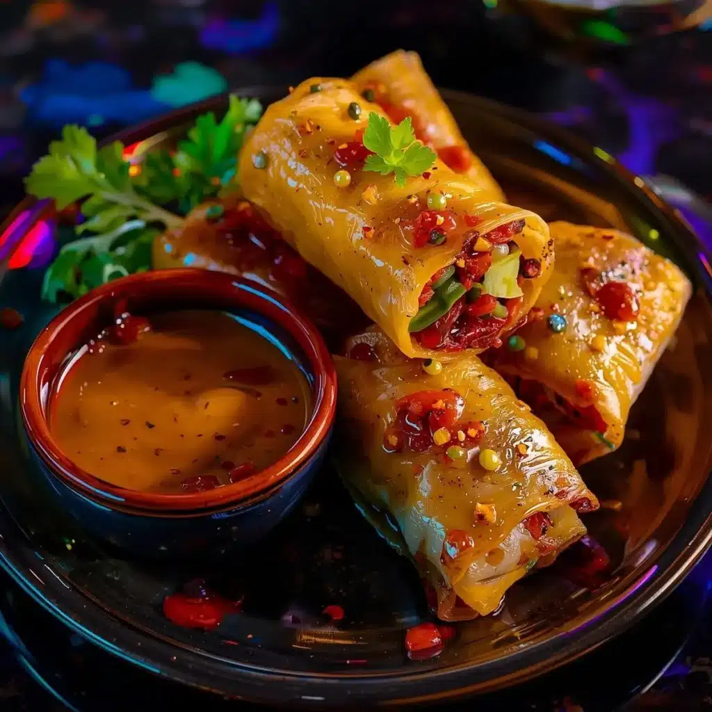 Delicious veggie spring rolls served with a creamy peanut dipping sauce