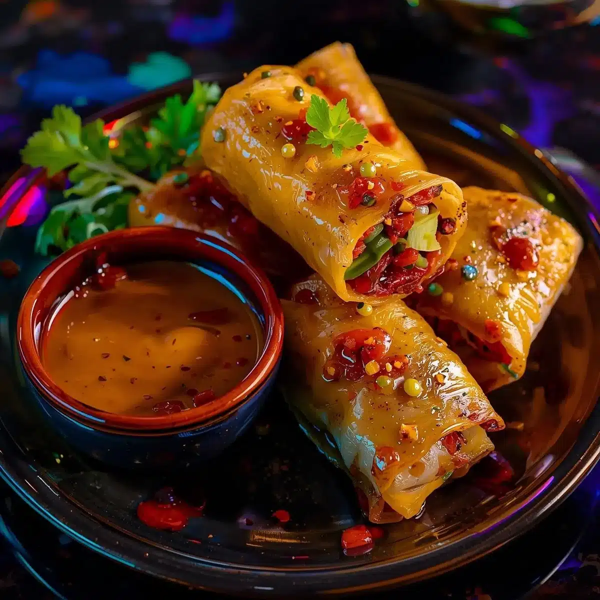 Delicious veggie spring rolls served with a creamy peanut dipping sauce