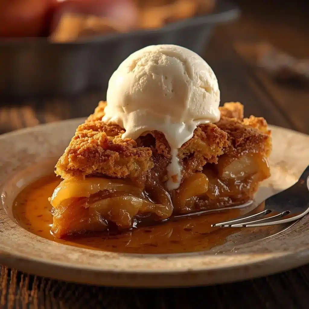 A delicious bowl of Grandma's warm apple crisp with a golden brown topping.