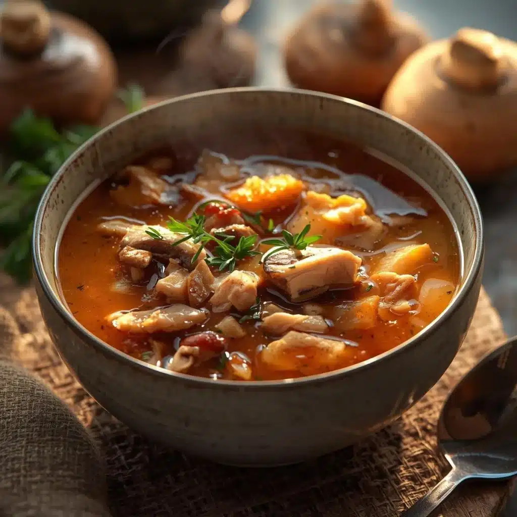 Bowl of clean chicken mushroom soup with fresh ingredients for a cozy meal
