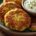 Crispy zucchini fritters with a yogurt dip on a plate.