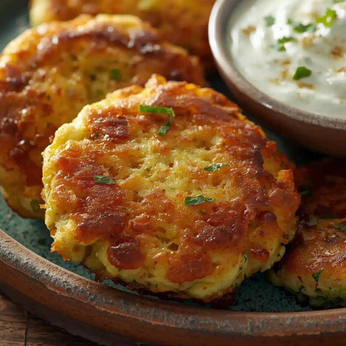 Crispy zucchini fritters with a yogurt dip on a plate.