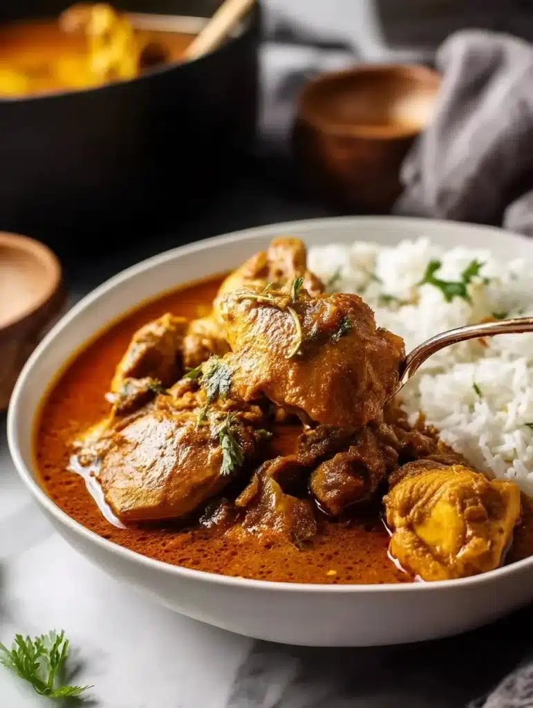 Bowl of African Chicken Curry with vibrant spices and ingredients.
