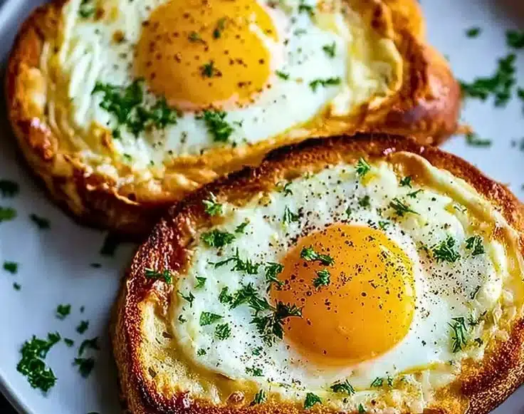 Air Fryer Egg and Cheese Toast topped with fresh herbs