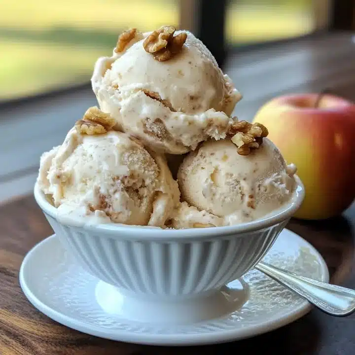 Delicious bowl of homemade Apple Walnut Ice Cream with fresh ingredients.