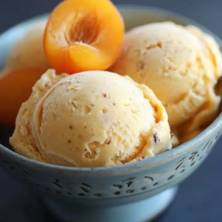 A bowl of apricot hazelnut ice cream topped with nuts and apricot slices.