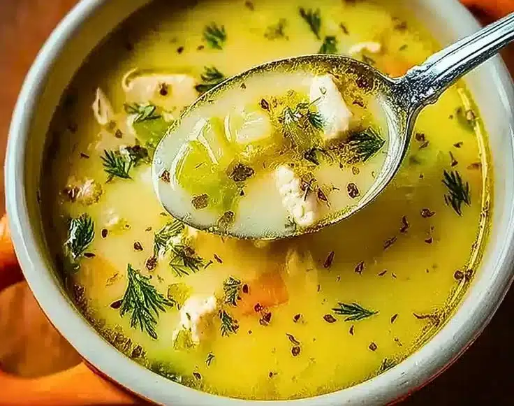 Bowl of creamy Avgolemono Soup garnished with lemon and herbs