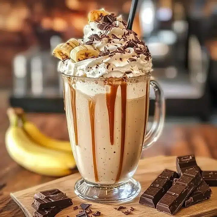 Delicious Banana Caramel Chocolate Frappuccino topped with whipped cream and chocolate drizzle