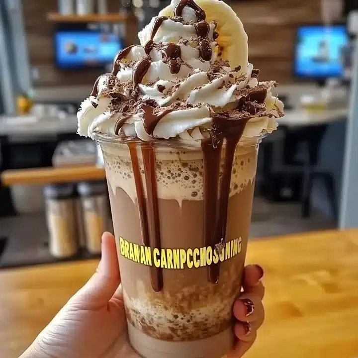 Delicious Banana Caramel Chocolate Frappuccino in a tall glass topped with whipped cream.