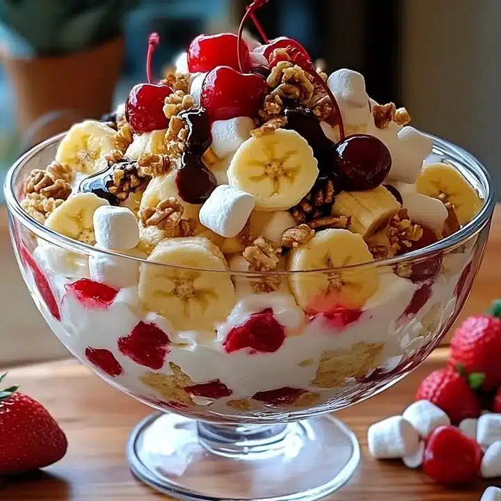 Delicious Banana Split Fluff dessert with bananas, whipped cream, and chocolate syrup.