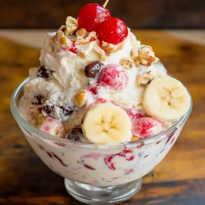 Delicious banana split ice cream dessert with bananas, ice cream, and toppings.