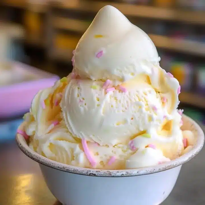 Homemade basic vanilla ice cream in a bowl with toppings