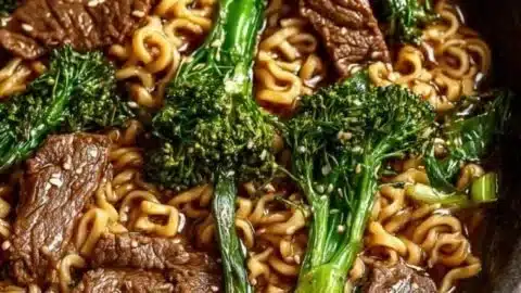 Delicious Beef and Broccoli Ramen Stir Fry topped with tender beef and fresh broccoli.