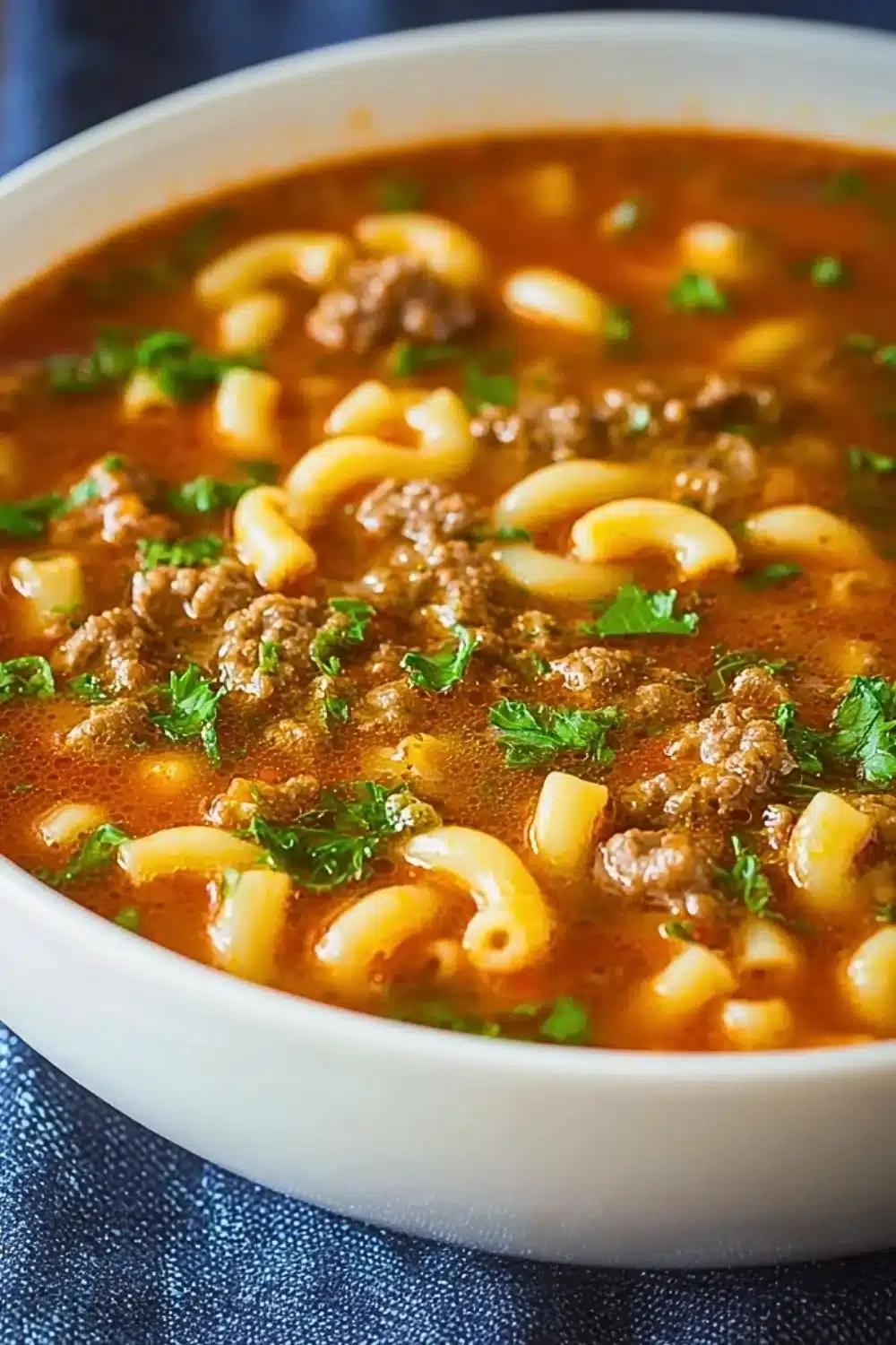 Bowl of delicious Beef Macaroni Soup with fresh herbs and pasta