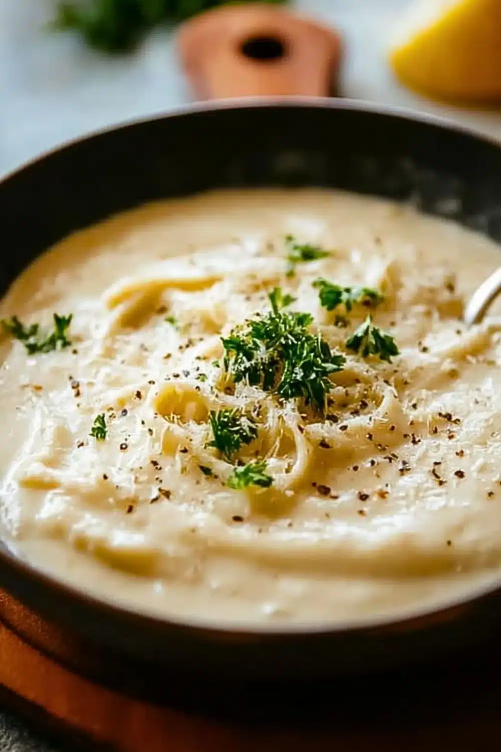 Creamy homemade Alfredo sauce in a bowl with fresh parsley garnish
