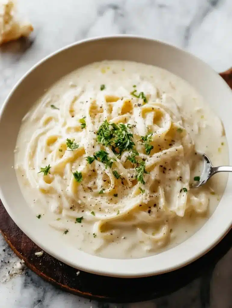 Delicious homemade Alfredo sauce in a bowl with a sprinkle of parmesan cheese.