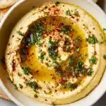 Delicious homemade hummus in a bowl with garnishes.