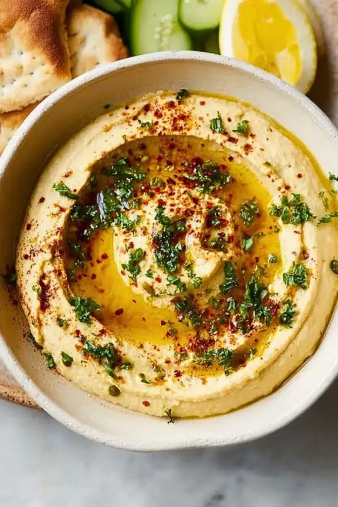 Delicious homemade hummus in a bowl with garnishes.