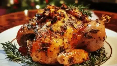Juicy Christmas garlic herb roasted Cornish hen ready to serve