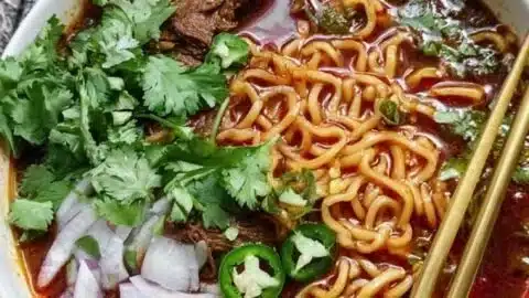 A bowl of Birria Ramen topped with tender beef, fresh herbs, and spices.