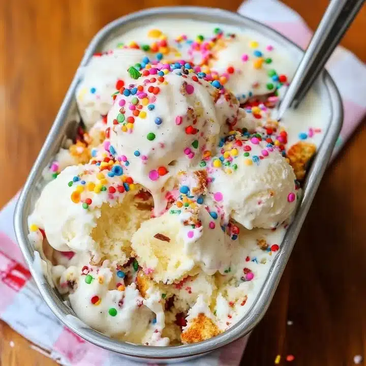 Delicious birthday cake ice cream with colorful sprinkles and cake pieces