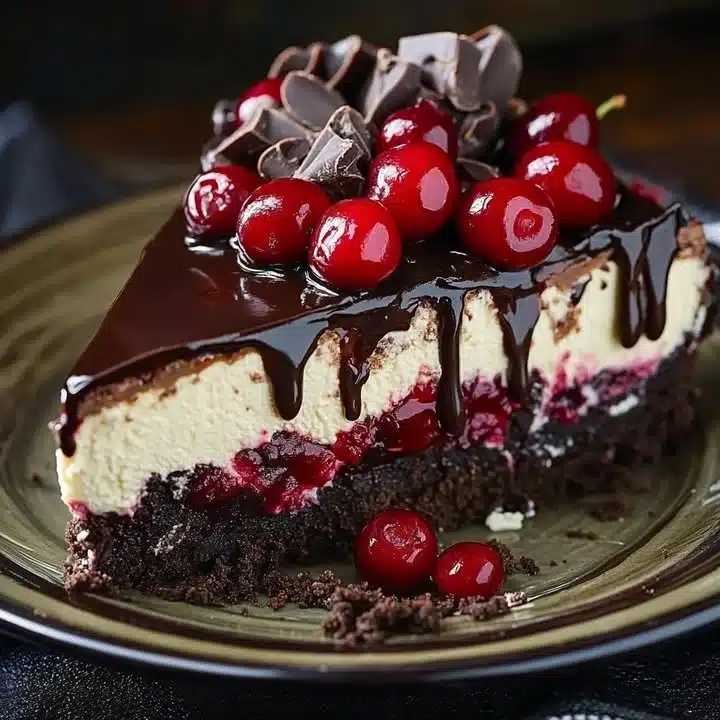 Slice of decadent Black Forest Cheesecake with cherries and chocolate garnishes.