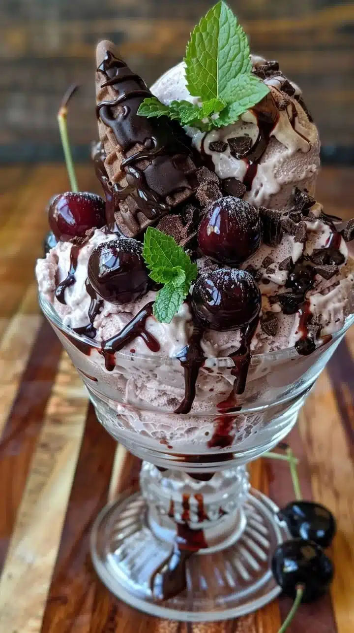 Vegan Black Forest Sundae with chocolate ice cream and cherries