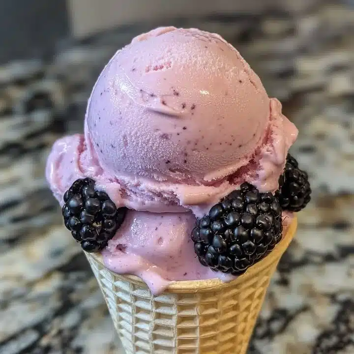 Delicious blackberry ice cream served in a bowl with fresh blackberries.