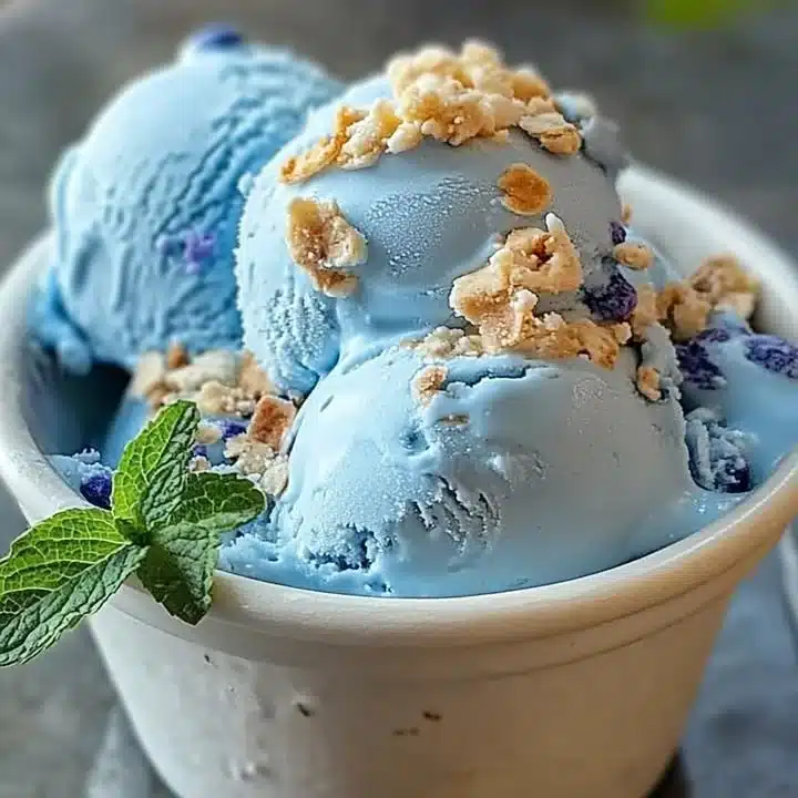 A scoop of Blue Moon ice cream in a waffle cone, showcasing its vibrant blue color.