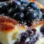 Blueberry cottage cheese breakfast bake topped with fresh blueberries