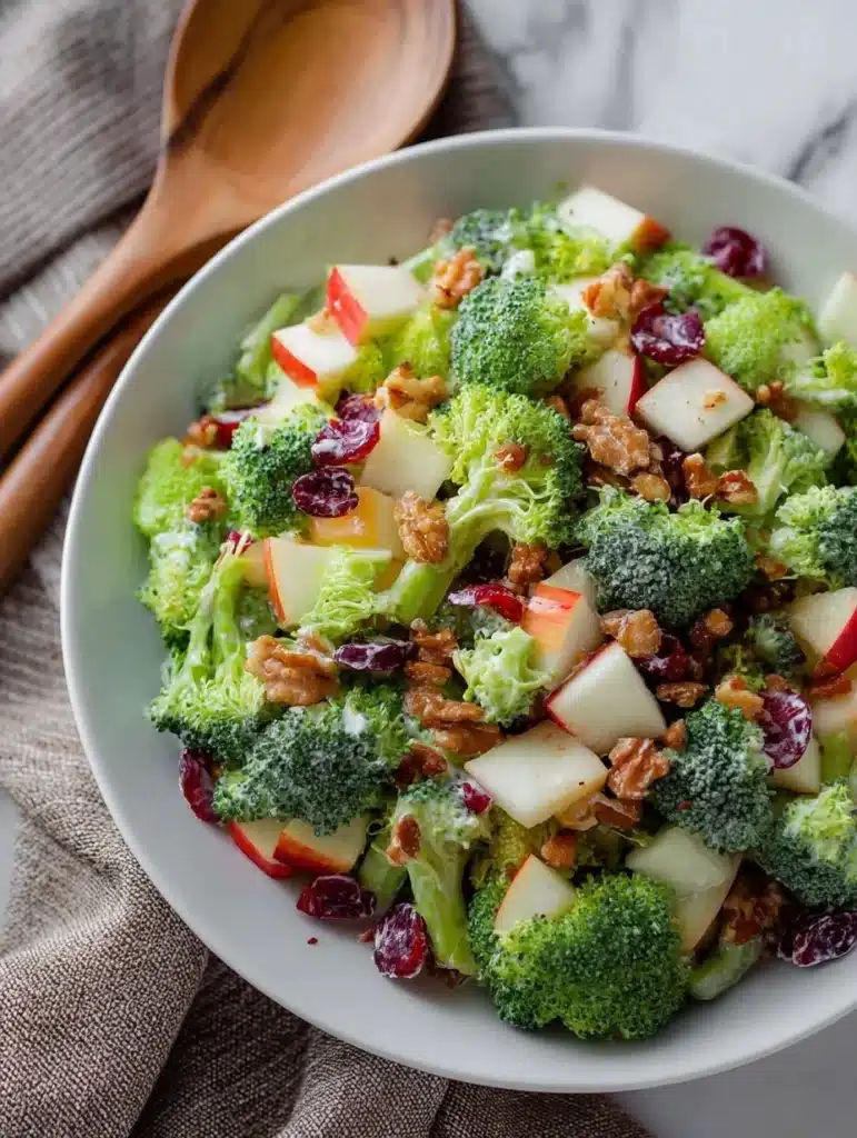 Bowl of Broccoli Apple Salad with fresh ingredients and vibrant colors.
