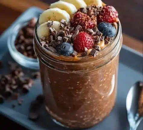Delicious brownie batter overnight oats topped with chocolate and nuts