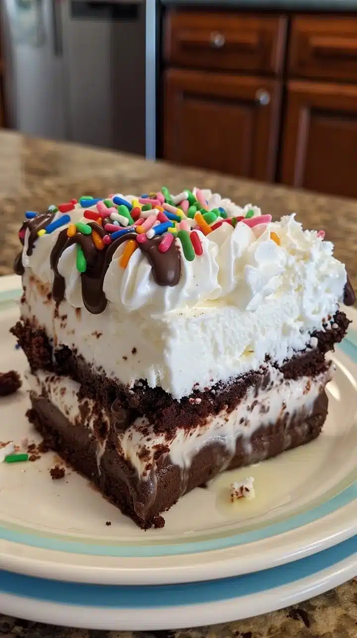 Delicious slice of Brownie Ice Cream Cake with chocolate drizzle