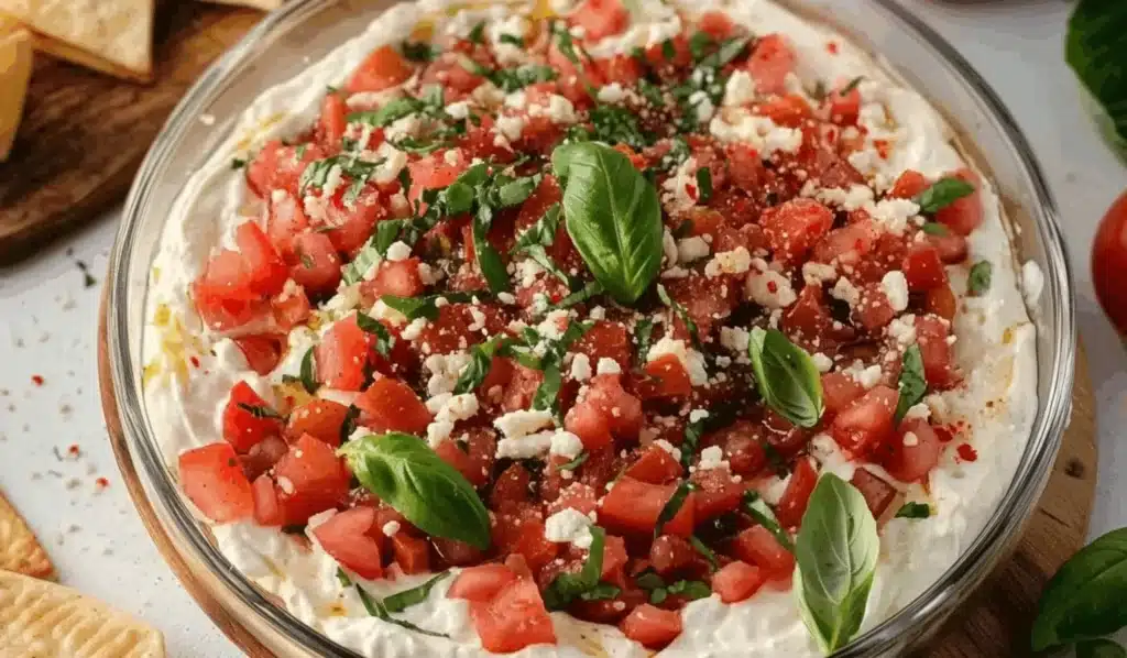 Delicious bruschetta dip served in a bowl with fresh ingredients