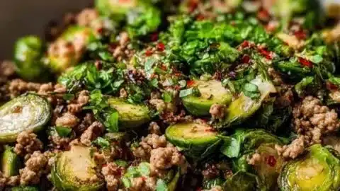 Healthy Brussels Sprouts Ground Turkey Skillet recipe in a frying pan.