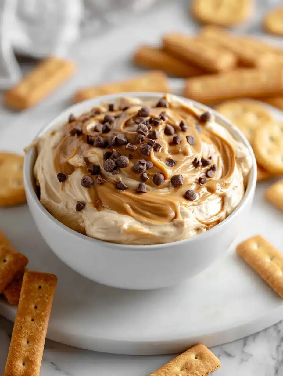 Creamy Buckeye Dip served with pretzels and fruit for dipping